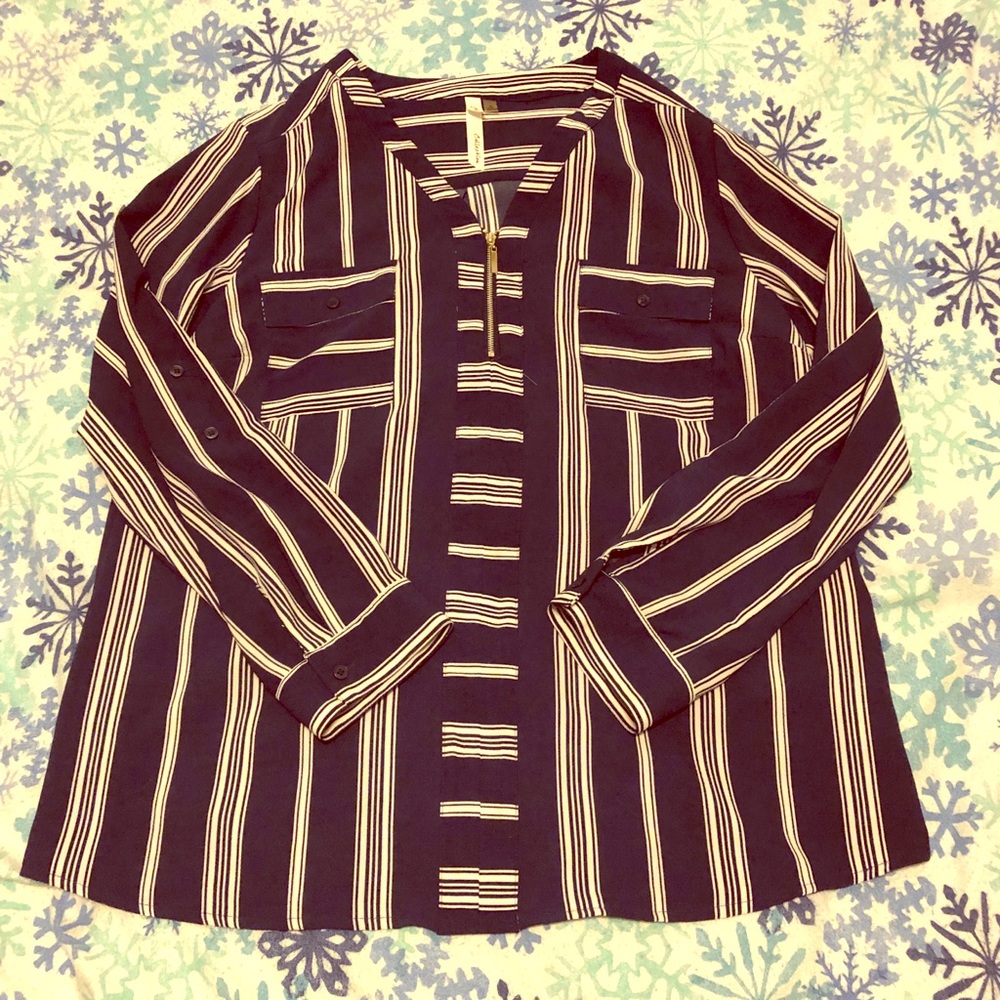 NY collection XL navy blue & white striped blouse